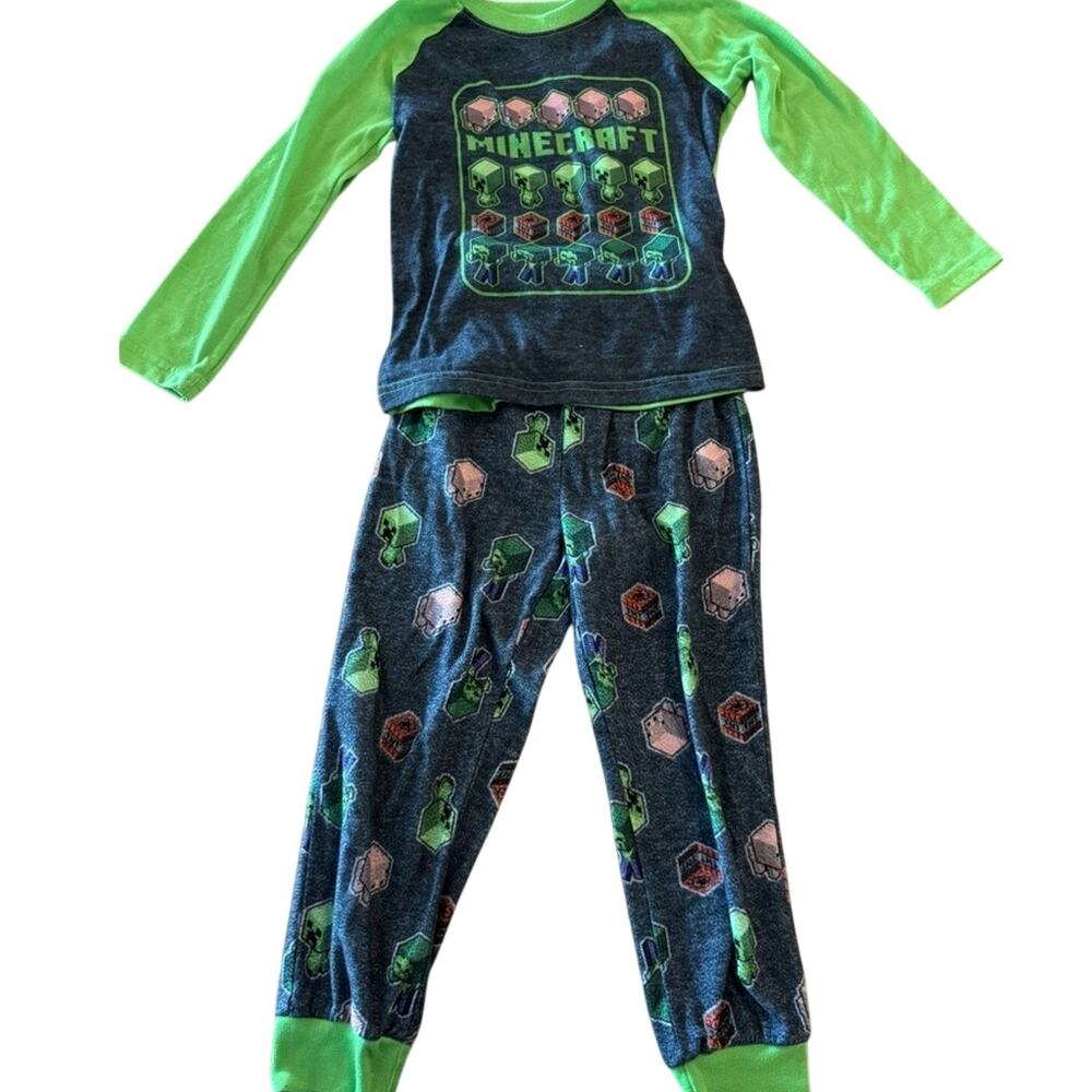 Minecraft Boys Pajama Set Size 4 5 Green Gray Creeper TNT Pig Long Sleeve